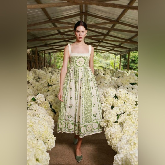Agua Bendita Dresses & Skirts - Agua Bendita White and Green Floral Midi Dress
